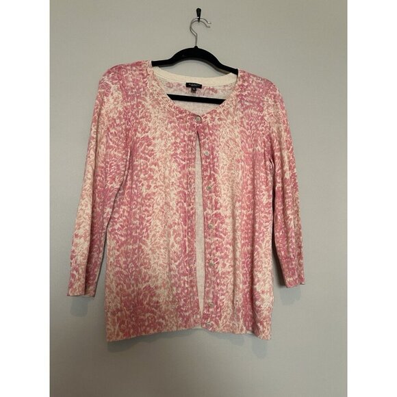 Talbots Medium Cotton Blend Pink Cream Animal Print Cardigan Button Up Sweater - Picture 1 of 7